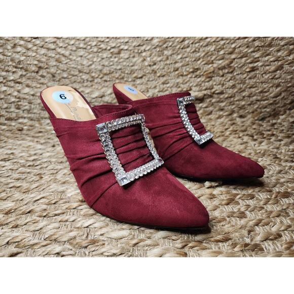 Anne Michelle Womens Slip On Mule High Heel Size 9 Rhinstone Buckle Burgundy Red - Picture 1 of 12